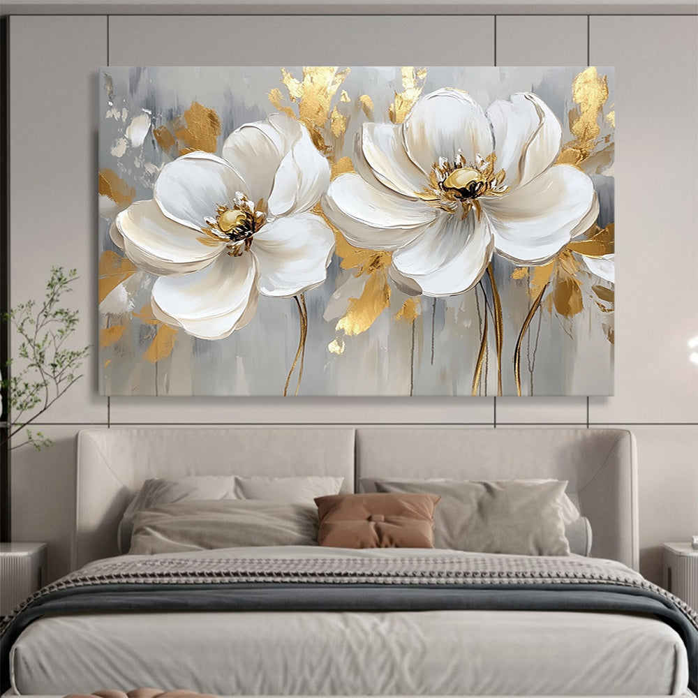 “Gold - Accented White Flowers on Gray” - White, Gold, Gray, White flowers with gold details on gray - Impasto Oil Painting HB1786