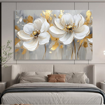 “Gold - Accented White Flowers on Gray” - White, Gold, Gray, White flowers with gold details on gray - Impasto Oil Painting HB1786