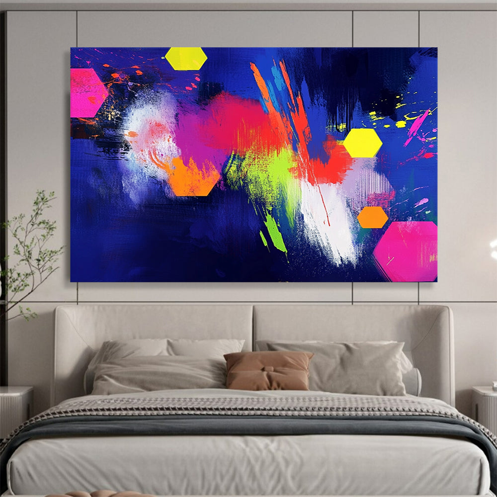 “Neon Colorful Hexagons on Blue” - Neon Palette, Hexagon Shapes on Blue Painting On Canvas HB0864
