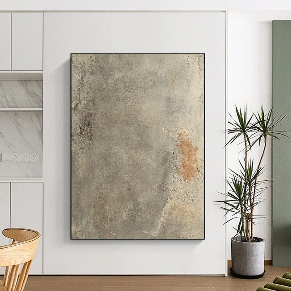Contemporary hand-painted abstract art showcasing a textured gray concrete floor with rust accents and a soft gradient, emphasizing the beauty of aged surfaces. DLZ1485