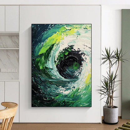 Contemporary abstract painting featuring a dynamic whirlpool of dark green and white waves with bold brushstrokes and striking light-dark contrast. DLZ1229