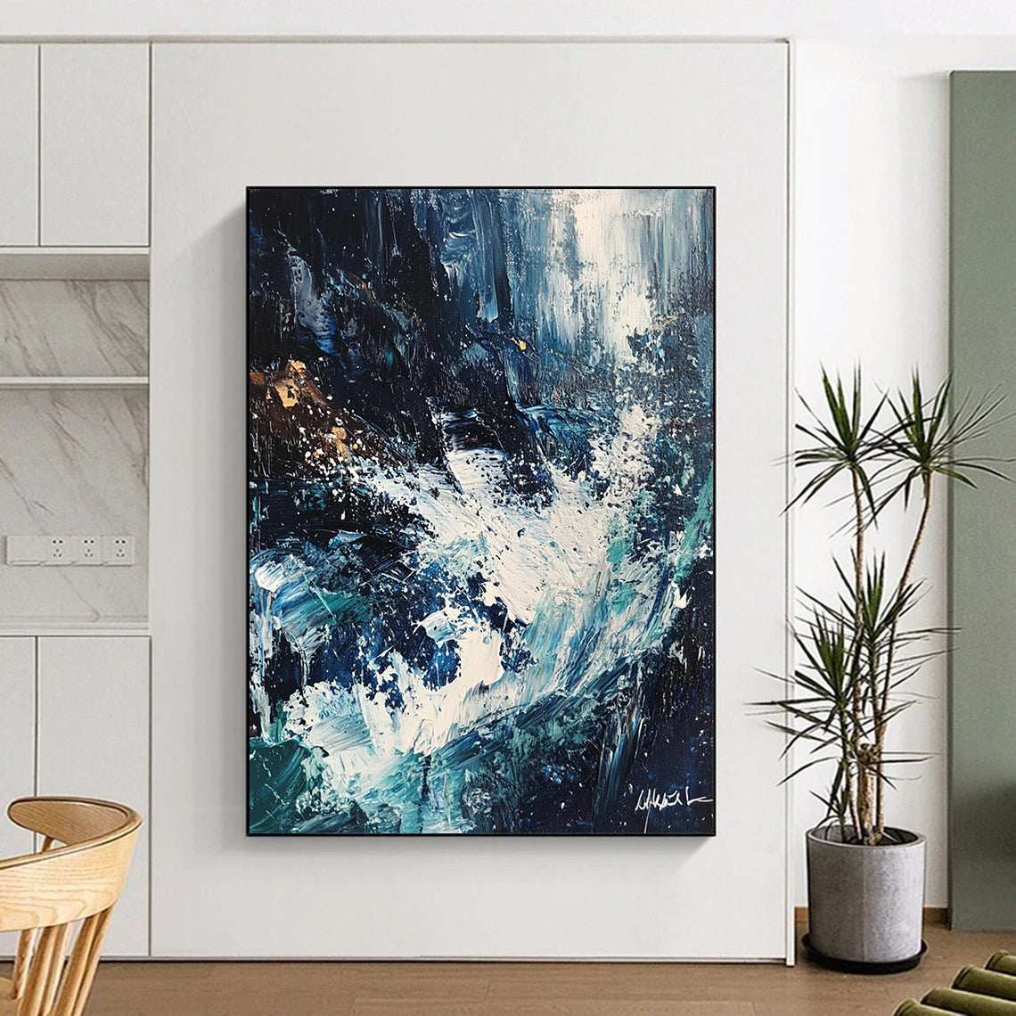Contemporary abstract painting featuring crashing waves in white and blue hues with dark tones expressive brush strokes and palette knife textures. DLZ0617