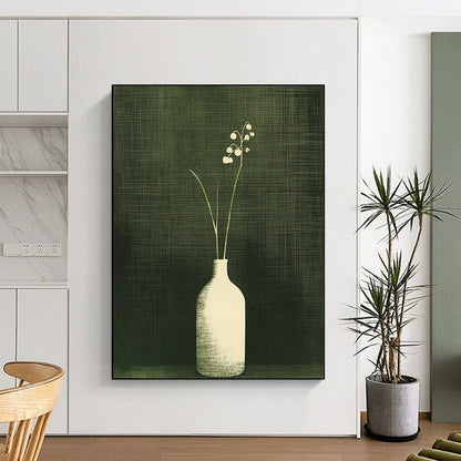 Large contemporary abstract artwork featuring lily of the valley in a textured monochrome design with a dark green background and simple vertical lines. DLZ1589