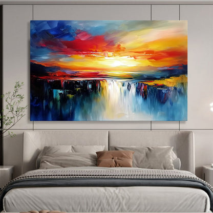 Vibrant Sunset Waterfall in Bold Colors - Expressive Abstract Landscape Painting On Canvas HB0437