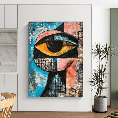 Contemporary hand-painted abstract art featuring a cubist eye in blue, pink, and black with dynamic shapes and textured depth for striking composition. DLZ1237