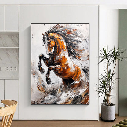 Contemporary abstract artwork featuring an elegant wild horse rearing up against splashes and waves in a dynamic light gray and brown palette. DLZ1665