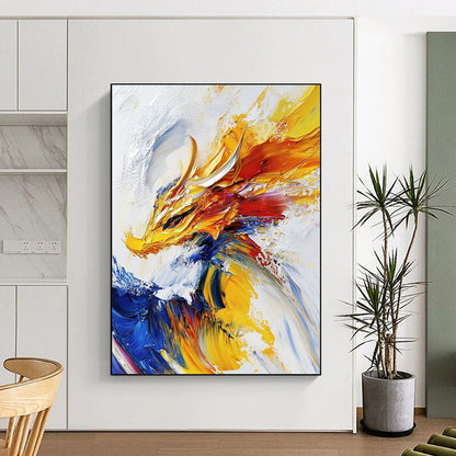 Contemporary abstract painting features an impasto technique with a powerful dragon soaring against a white background in vibrant yellows and blues. DLZ0525