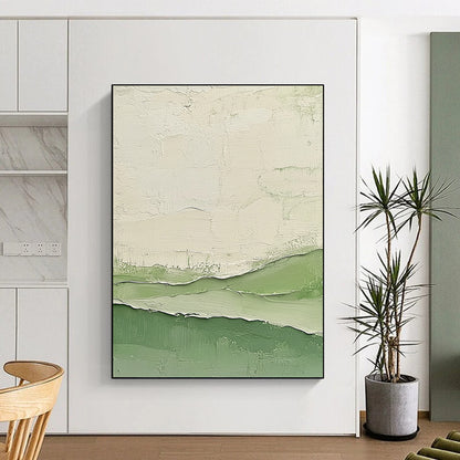 Contemporary abstract artwork featuring impasto technique with calm green and white tones and layered cream swatches evocative of serene water waves. DLZ1350