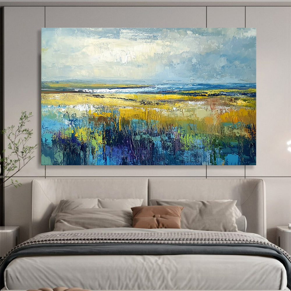 “Vibrant Prairie Dreams” - Yellow, Blue, Green, Purple, Expansive Field & Sky Scenes Painting On Canvas HB1023