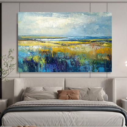 “Vibrant Prairie Dreams” - Yellow, Blue, Green, Purple, Expansive Field & Sky Scenes Painting On Canvas HB1023