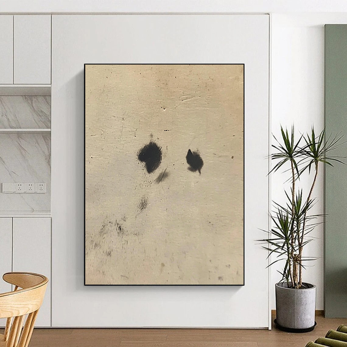 Contemporary abstract art featuring intertwined black spots on white fur against a soft beige background, inspired by Cuno Amiet’s unique style. DLZ1200