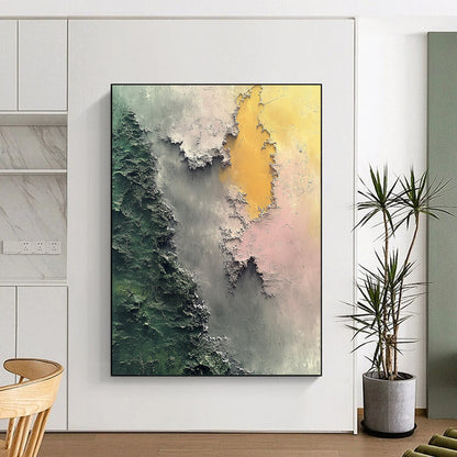 Contemporary hand-painted abstract art features aerial topography in soft greens and grays with islands in light pink and dark gray evoking mystery. DLZ0568