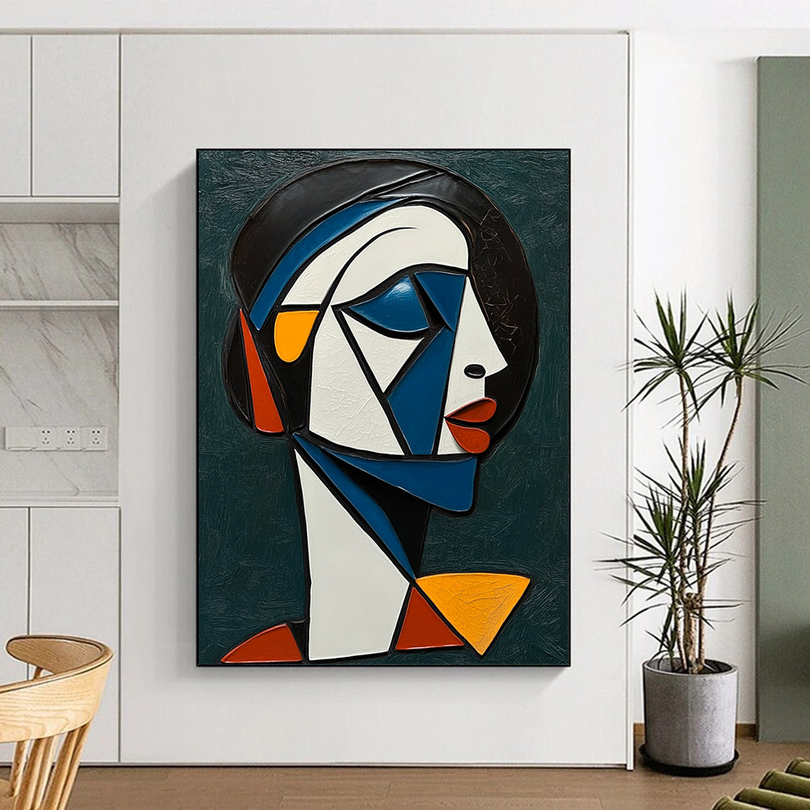 Large contemporary hand-painted abstract artwork featuring a cubist African woman with white and blue accents against a dark green background. DLZ1239