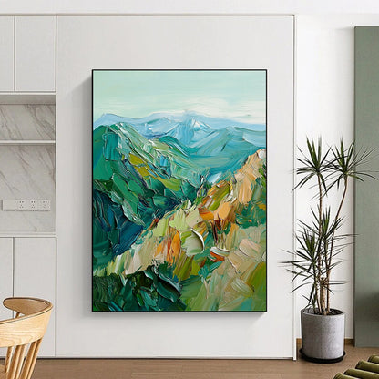 Contemporary abstract artwork featuring vibrant green and blue mountains created with bold impasto brush strokes for a striking visual impact. DLZ0483