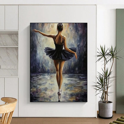 Contemporary abstract painting featuring a ballerina in a black dress, elegant pose, soft lighting, textured brush strokes, perfect for adding sophistication to any space. DLZ1672