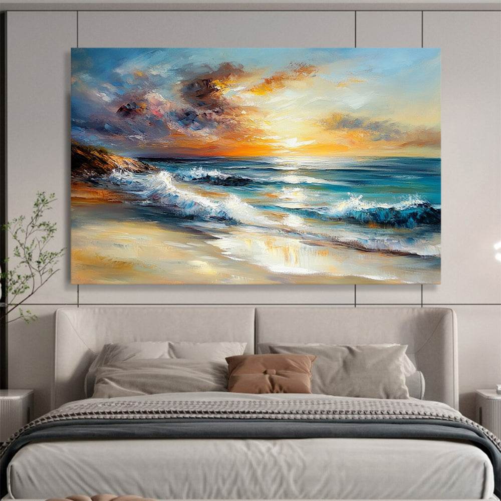 Sunset Beach with Crashing Waves - Expressive Impasto Seaside Painting On Canvas HB0441