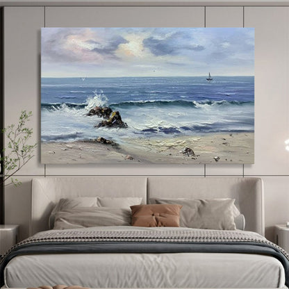 Coastal Wave & Sailboat Oil Painting - Serene Living Room or Office Art DLZ190