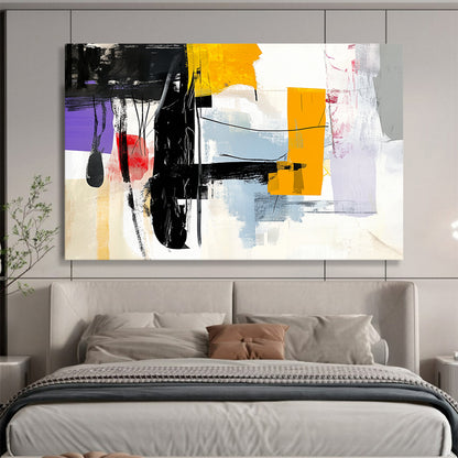 “Abstract Black, Yellow, and Colorful Shapes” - Black, Yellow, Colorful Palette, Abstract Shapes Painting On Canvas HB0863