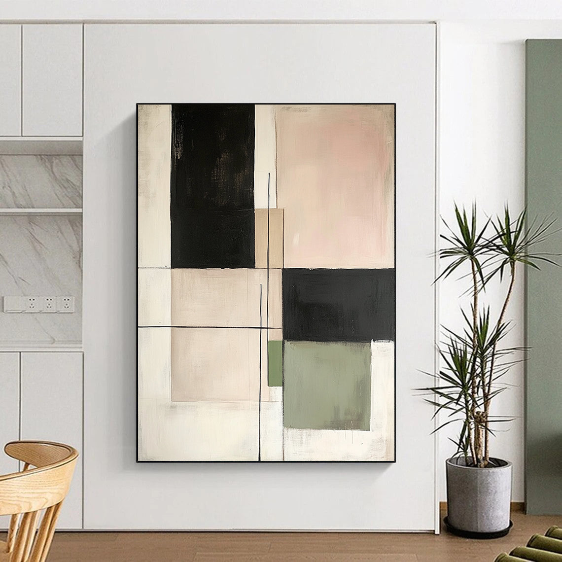 Contemporary hand-painted abstract art featuring minimalist squares and lines in neutral tones of beige black green and white on canvas. DLZ1629