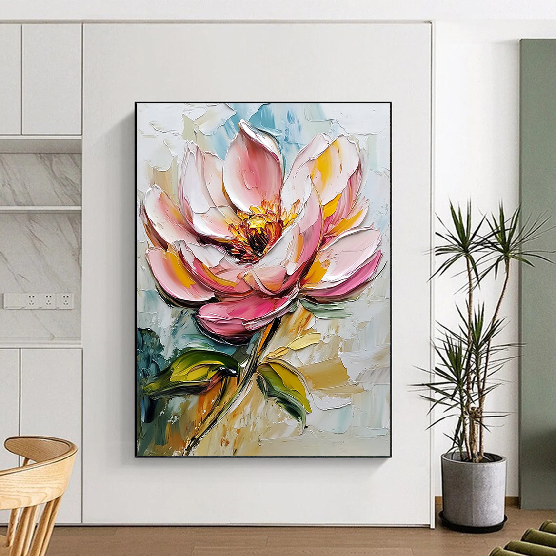 Contemporary abstract art featuring a pink flower and leaves in a detailed palette knife oil painting on a pristine white background. DLZ1440