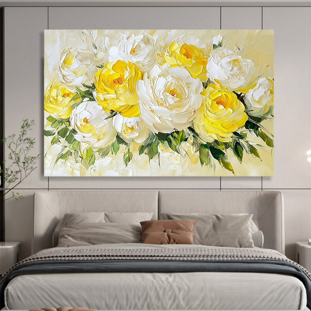 “Yellow - White Peony Bouquet” - Yellow, White, Green, Thick - textured Peony Bouquet - Impasto Oil Painting HB1778