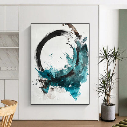 Black, White, Teal, Brown, Splattered Circle "Colorful Enso" Abstract Expressionist Painting On Canvas HB094