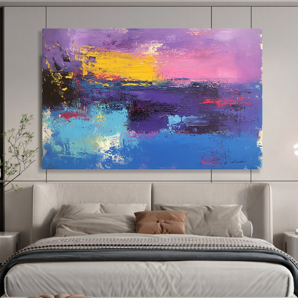 “Purple Pink Abstract Horizon” - Purple, Pink, Yellow, Blue with a Colorful Horizon - Painting On Canvas HB1374