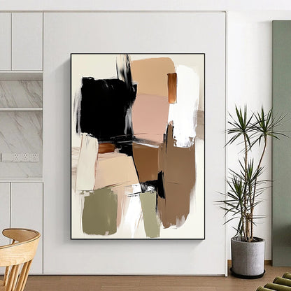 Contemporary hand-painted abstract art featuring loose brush strokes, large shapes, and a neutral background in beige and brown with accents of black, white, sage green, and pink. DLZ0557