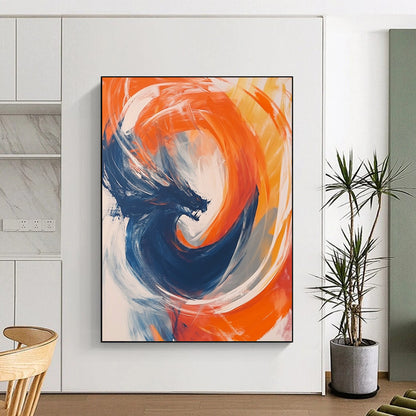 Contemporary abstract artwork featuring vibrant orange and blue circular forms with fluid movement, white strokes, and a dynamic dragon motif at the center. DLZ1014