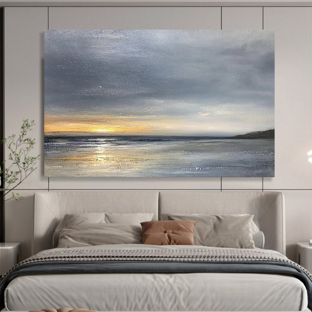 “Moody Seaside Sunset” - Grays, Oranges, Silvers, Coastal Sunset - Minimalist Oil Painting HB1689