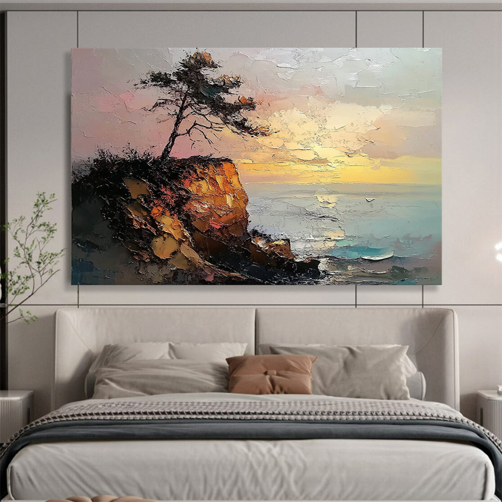 “Cliffside Tree at Sunset” - Textured Oranges, Pinks, Browns, Tree on Cliff by Sea - Impasto Oil Painting HB1693