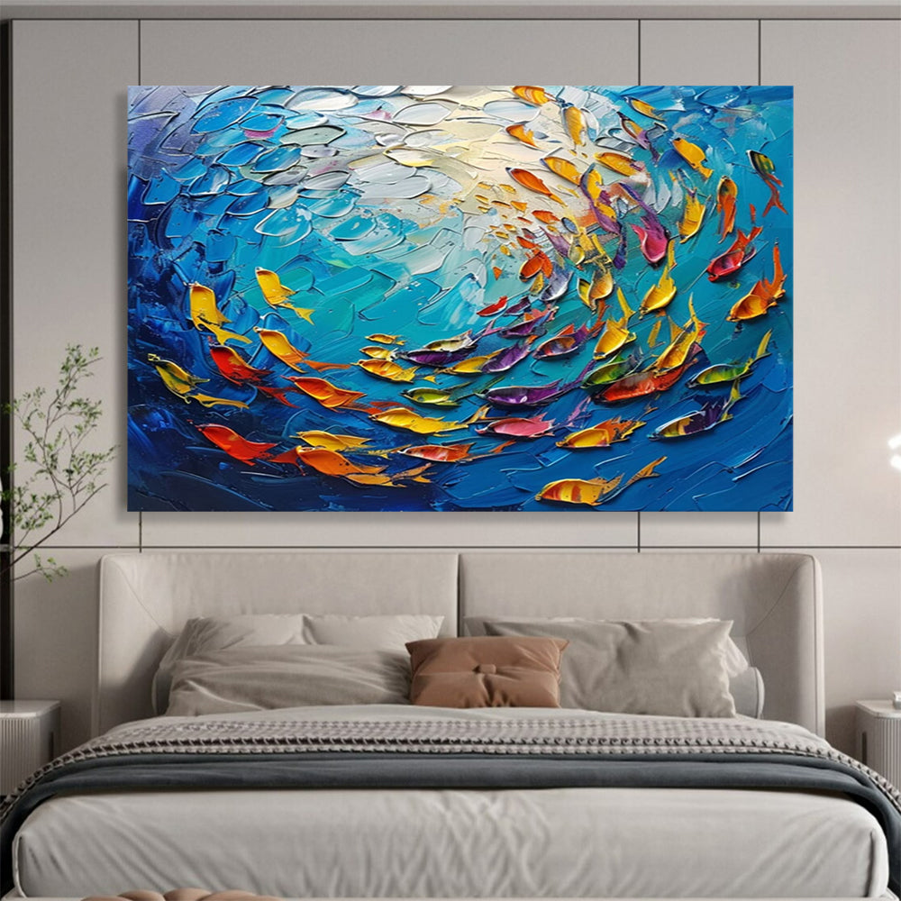 Textured Ocean Fish School - Coastal Living Room or Bathroom Art DLZ199