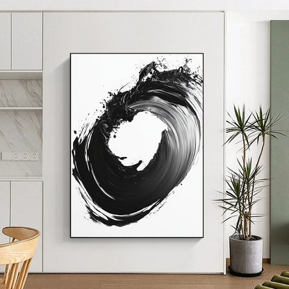 Black & White Circular Ink Brushstroke - “Infinite Ink Loop” Painting On Canvas HB230