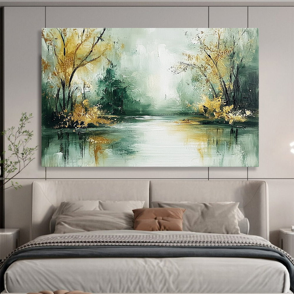 “Misty River with Golden Trees” - Green, gold, gray; Abstract river and trees; Impressionistic Oil Painting On Canvas HB1195
