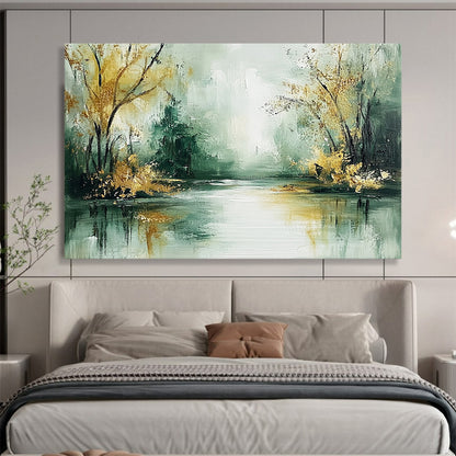 “Misty River with Golden Trees” - Green, gold, gray; Abstract river and trees; Impressionistic Oil Painting On Canvas HB1195