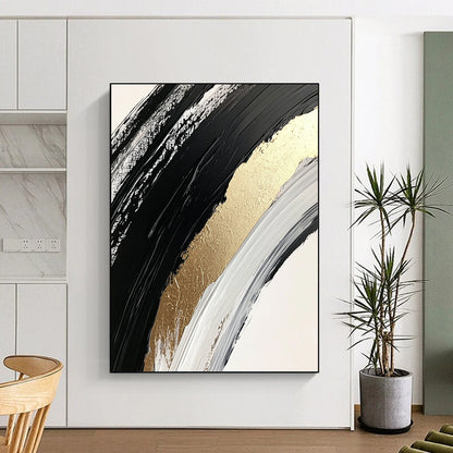 Black, White and Gold Curved Brushstrokes "Elegant Arc" Painting On Canvas HB321