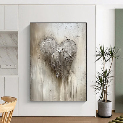 Contemporary abstract painting featuring textured silver and white patterns with a central heart shape, capturing winter's beauty in shimmering details and a cool palette. DLZ0531
