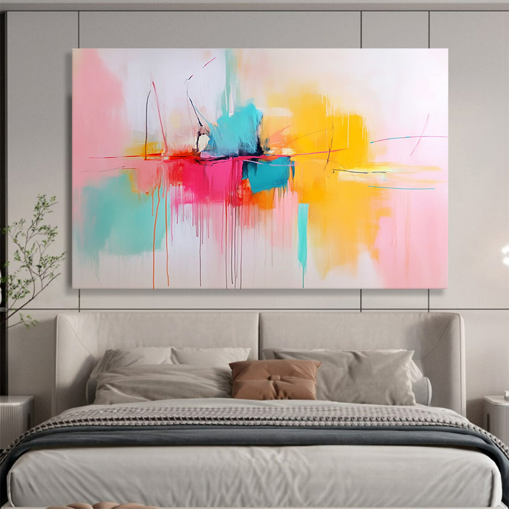 “Color Burst Center” - Pink, Yellow, Blue, Orange, Abstract Expressionist Painting On Canvas HB1062