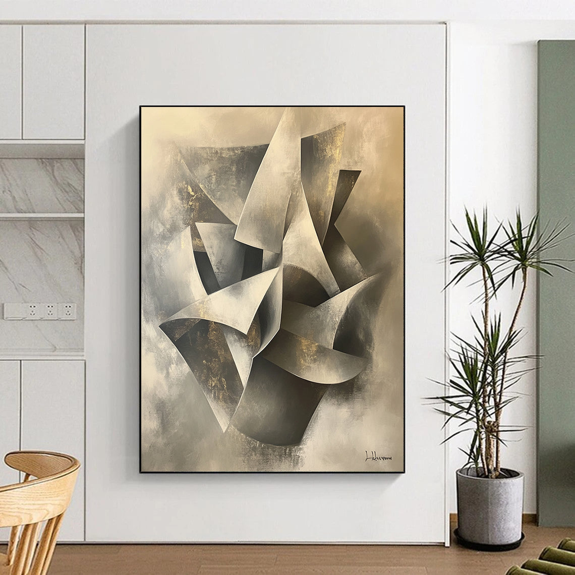 Gray, Silver, Gold and White Geometric Abstraction "Elegant Folds" Painting On Canvas HB394
