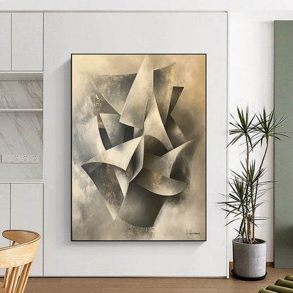 Gray, Silver, Gold and White Geometric Abstraction "Elegant Folds" Painting On Canvas HB394
