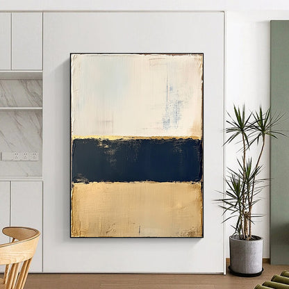 Beige, Gold, Navy, Horizontal Layers "Gilded Nautical Bands" Abstract Coastal - Inspired Painting On Canvas HB166
