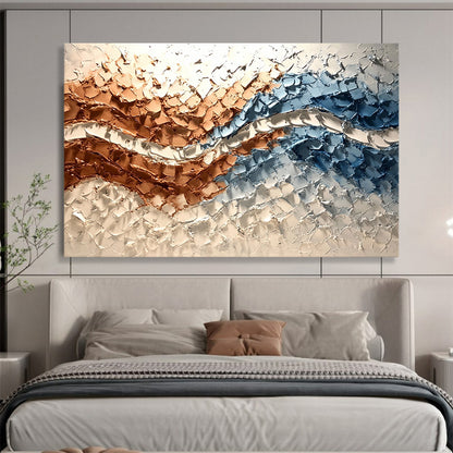 “Textured Copper - Blue Waves” - Copper, Blue, White, 3D Wave - Patterned Abstract Painting On Canvas HB0979