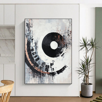 Black, White, Gray, Copper, Concentric Circles "Industrial Echo" Abstract Cubist - Inspired Painting On Canvas HB072