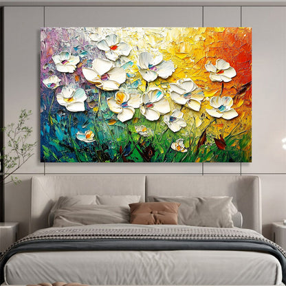 “Vibrant 3D Floral Burst” - White, Colorful, Textured Flowers Painting On Canvas HB0727