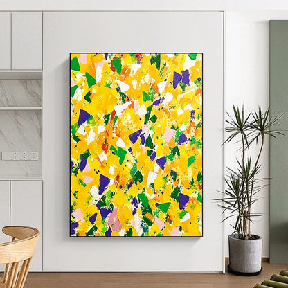 Contemporary hand-painted abstract artwork featuring vibrant yellow and green with purple accents, dynamic shapes, and energetic brushstrokes for a joyful atmosphere. DLZ1505