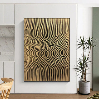Contemporary abstract artwork features golden sound wave lines on a textured background adding depth and elegance to any space. DLZ1491