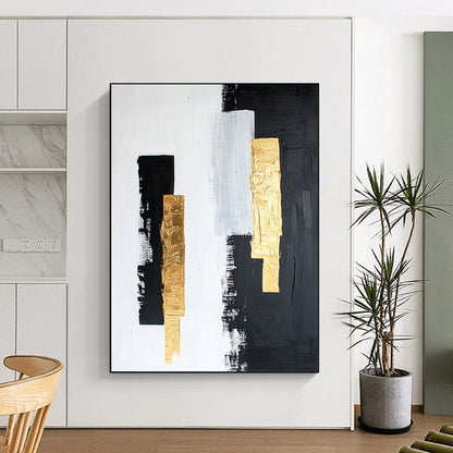Black, White, Gray, Gold, Vertical Strokes "Gilded Simplicity" Abstract Minimalist Painting On Canvas HB148