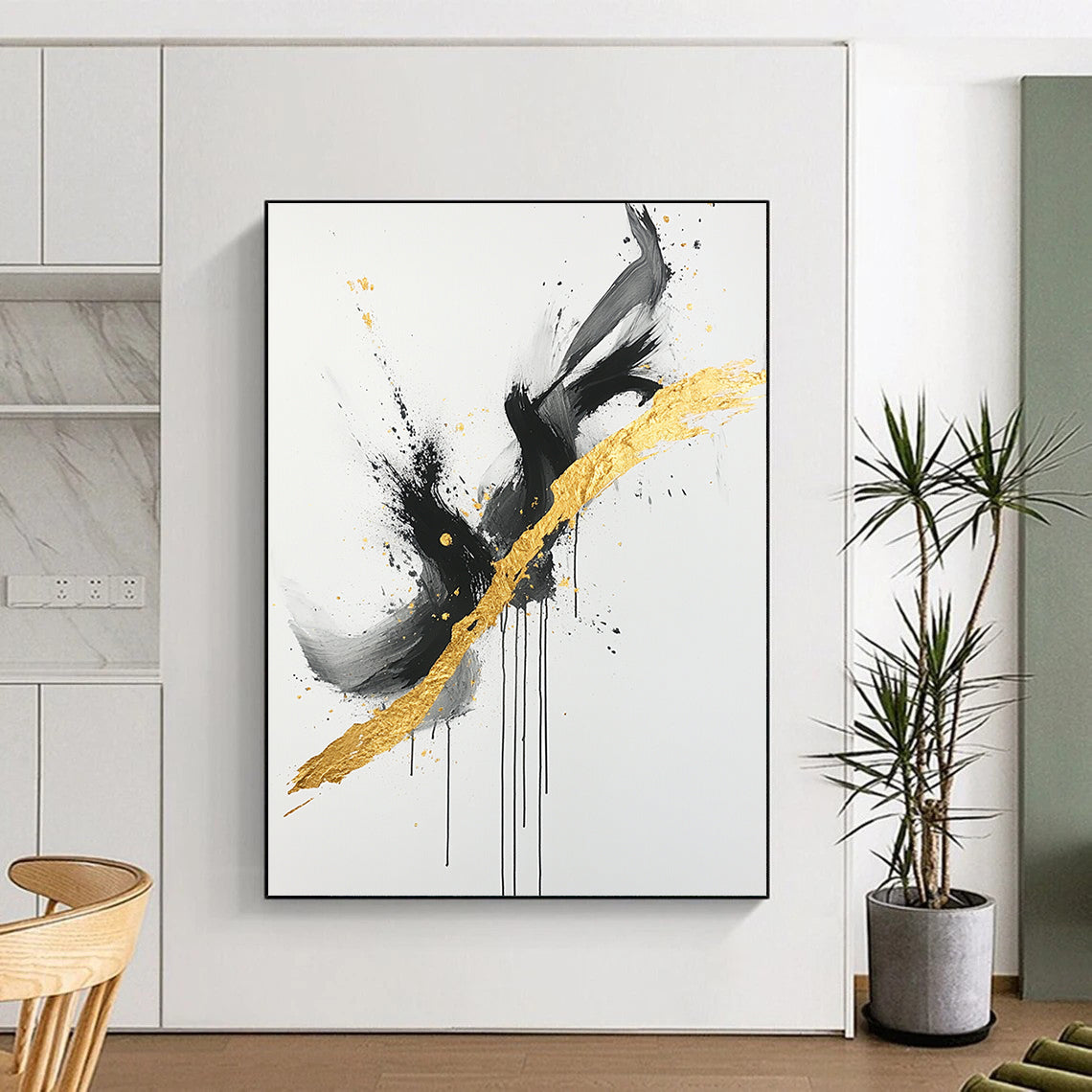 Black, White, Gold, Gray, Intertwined Swirls "Gilded Entanglement" Abstract Expressionist Painting On Canvas HB096