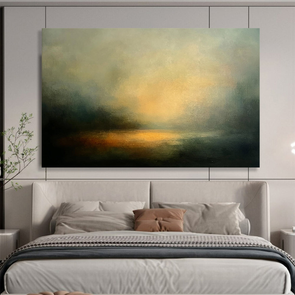 “Ethereal Lake at Sunset” - Greys, Oranges, Yellows, Foggy Sunset Lake - Abstract Oil Painting HB1571