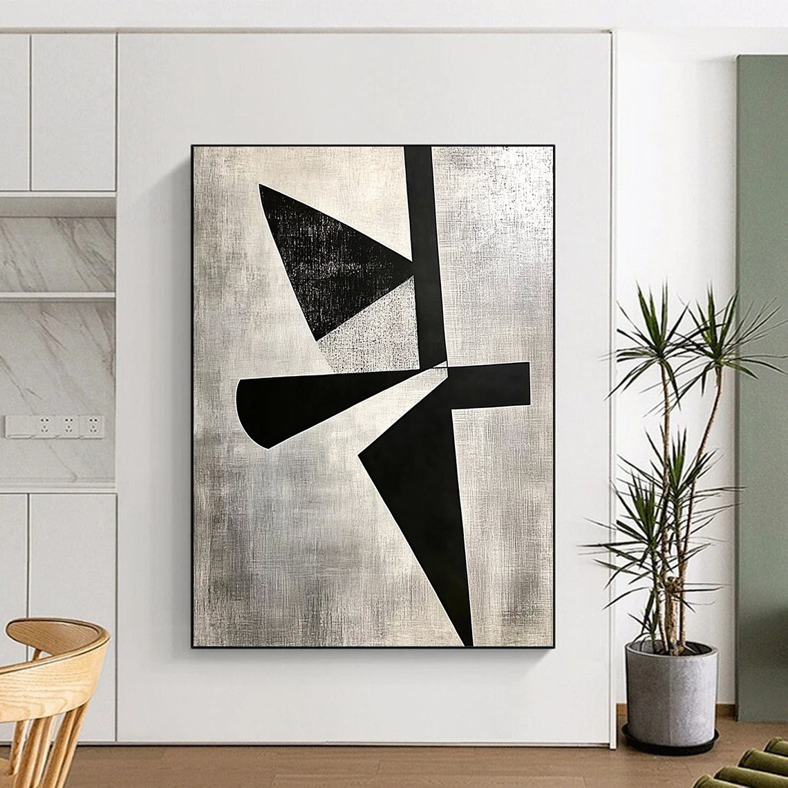 Contemporary hand-painted abstract art featuring high contrast shapes, cut paper collage, and negative space on a gray background in El Lissitzky style. DLZ1143